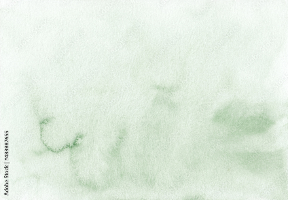 Watercolor green stains on white background texture. Light green liquid backdrop, hand painted.