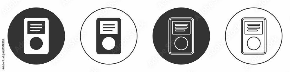 Black Music player icon isolated on white background. Portable music device. Circle button. Vector Black Music player icon isolated on white background. Portable music device. Circle button. Vector