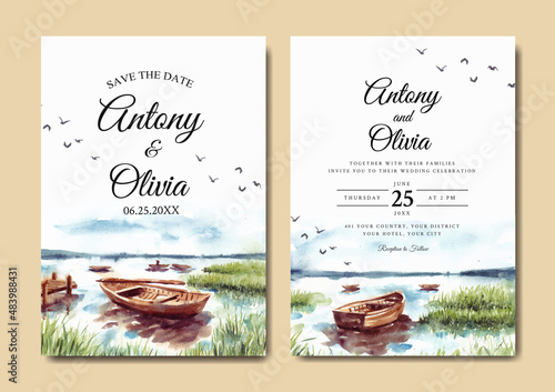 Watercolor wedding invitation of nature landscape with boat on lake
