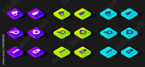 Set Test tube with blood, Medicine bottle, Cross hospital medical, Emergency phone call to, Hand sanitizer and Blood test virus icon. Vector