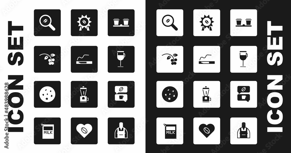 Set Coffee cup to go, Cigarette, bean, branch, Selection coffee beans, Irish, Medal for, and conversation and Cookie biscuit icon. Vector Set Coffee cup to go, Cigarette, bean, branch, Selection coffee beans, Irish, Medal for, and conversation and Cookie biscuit icon. Vector