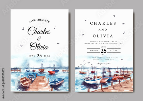 Wedding invitation of nature landscape with harbor and boat watercolor