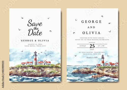 Wedding invitation of nature landscape with lighthouse and sea cliff watercolor