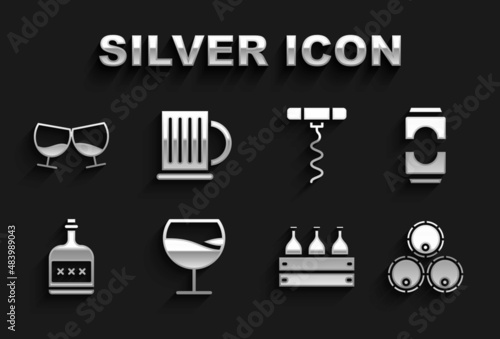 Set Wine glass, Beer can, Wooden barrels, Bottles of wine wooden box, Alcohol drink Rum bottle, corkscrew, Glass cognac brandy and beer mug icon. Vector