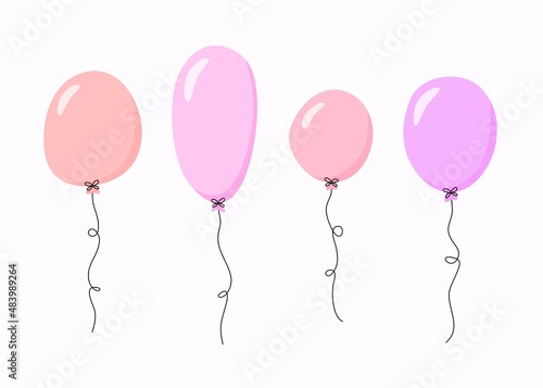 Pink balloons set. Hand drawn party decoration. Flat vector elements