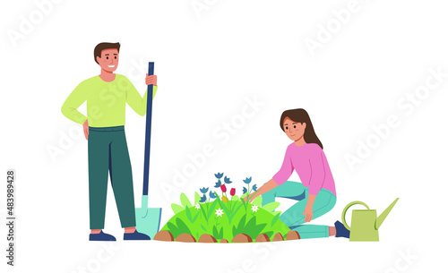 Flat illustration of two people caring for a fenced flower bed, city park or garden. Happy boy and girl doing gardening. Joint watering and weeding of flowers. Isolated vector illustration.