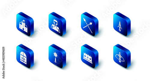 Set Medieval knight, Crossed medieval spears, Dagger, Battle crossbow with arrow, King crown, chained mace ball, castle gate and Castle, fortress icon. Vector