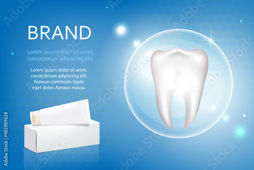 Vector, 3D advertising of whitening toothpaste. A graphic concept for your design. Layout template, tube with packaging.