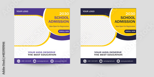 Set of School admission social media post design vector eps file.  Editable modern Facebook and Instagram post with dark blue and yellow color.