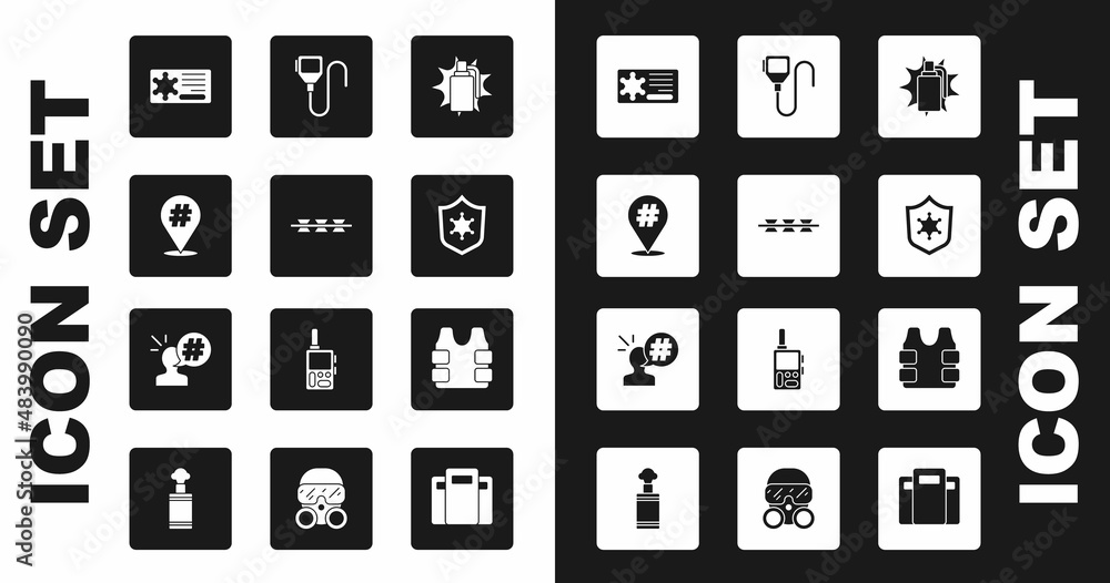 Set Hand grenade, Barbed wire, Protest, Police badge, Walkie talkie, Bulletproof vest and icon. Vector Set Hand grenade, Barbed wire, Protest, Police badge, Walkie talkie, Bulletproof vest and icon. Vector