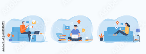Set of vector business illustration design bundle concept. business smart working and education online connect anywhere with remote technology. people working collaboration with social network concept