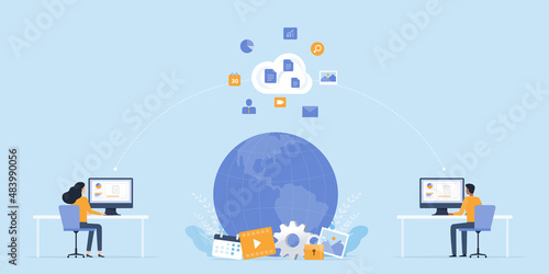 business flat vector design people remote working online with internet wireless and working on cloud computing server concept