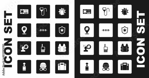 Set Hand grenade, Barbed wire, Protest, Police badge, Walkie talkie, Bulletproof vest and icon. Vector