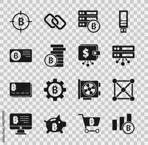 Set Pie chart infographic bitcoin, Blockchain technology, Server, Bitcoin, Credit card with, the target and Cryptocurrency wallet icon. Vector