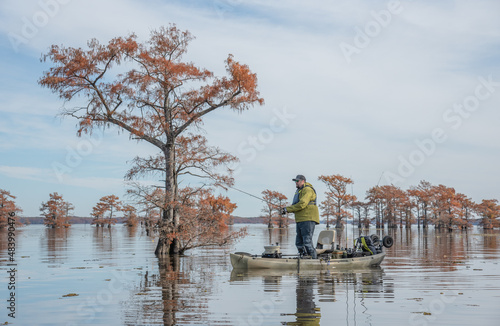 man fishing on lake in fall photo