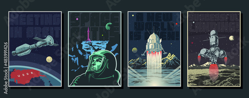 Retro Space Posters, Mid Century Modern Retro Futurism Style Illustrations, Spaceships, Orbital station, Lander, Astronaut and Planets