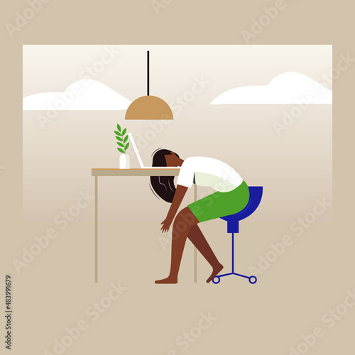 Tired girl fell asleep at the desk, freelancer, manager, remote work, businesswoman, flat colorful illustration