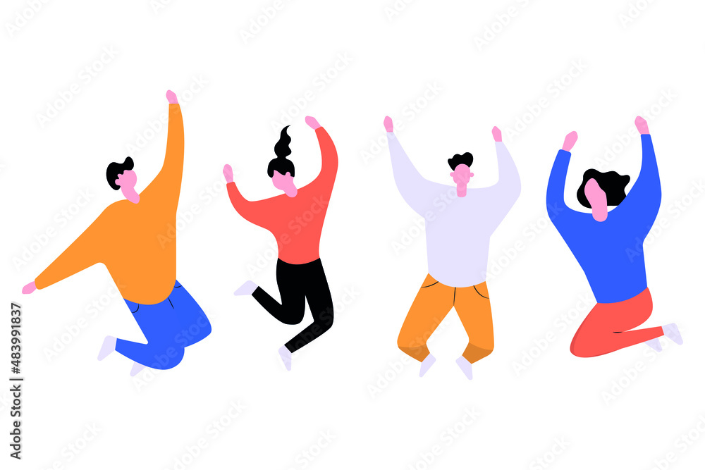 Fototapeta premium Jumping young guys, joy, fun, boys and girls dancing, hands up, happiness. Flat colorful illustration