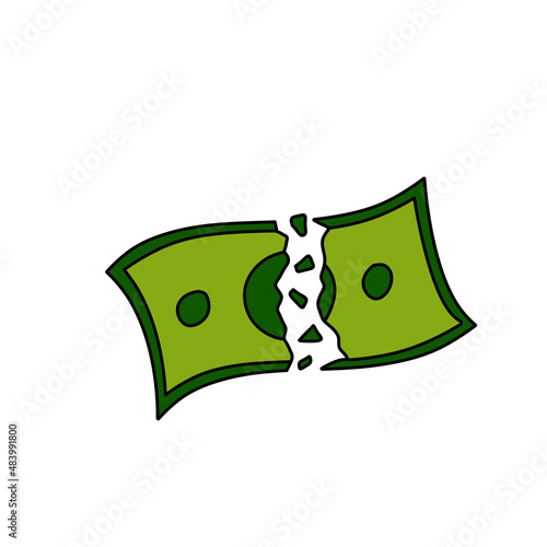 Torn bill. Green Ripped dollar.