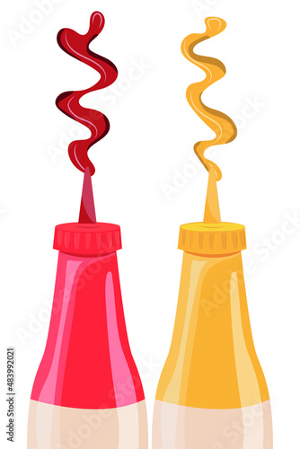 The illustration shows two bottles with ketchup and mustard, vector. Squeeze out the sauce