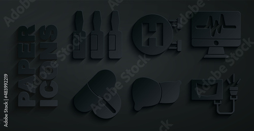 Set Human organ liver, Monitor with cardiogram, Medicine pill tablet, Ultrasound, Hospital signboard and Medical vial, ampoule icon. Vector