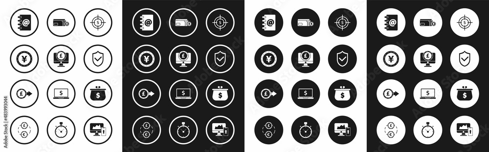 Set Target with dollar symbol, Computer monitor pound sterling, Coin money Yen, Address book, Shield check mark, Envelope coin, Wallet and icon. Vector Set Target with dollar symbol, Computer monitor pound sterling, Coin money Yen, Address book, Shield check mark, Envelope coin, Wallet and icon. Vector