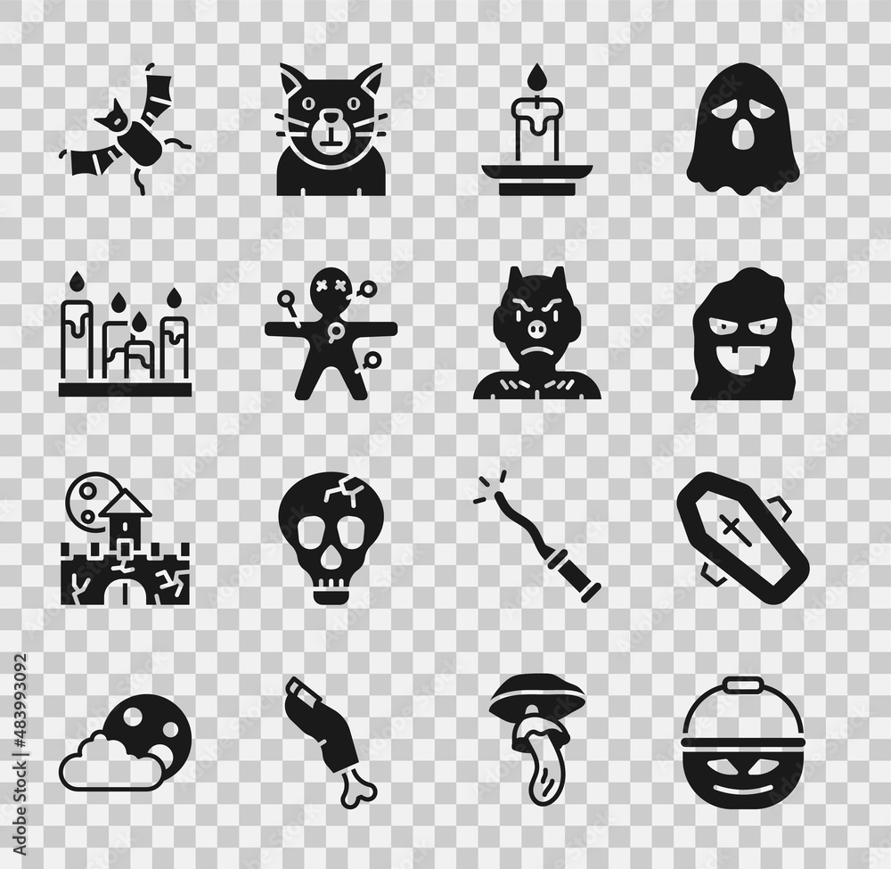 Set Pumpkin basket for sweets, Coffin with cross, Funny and scary ghost mask, Burning candle, Voodoo doll, Flying bat and Krampus, heck icon. Vector