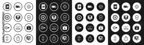 Set Target with dollar symbol, Computer monitor pound sterling, Coin money Yen, Address book, Shield check mark, Envelope coin, Wallet and icon. Vector