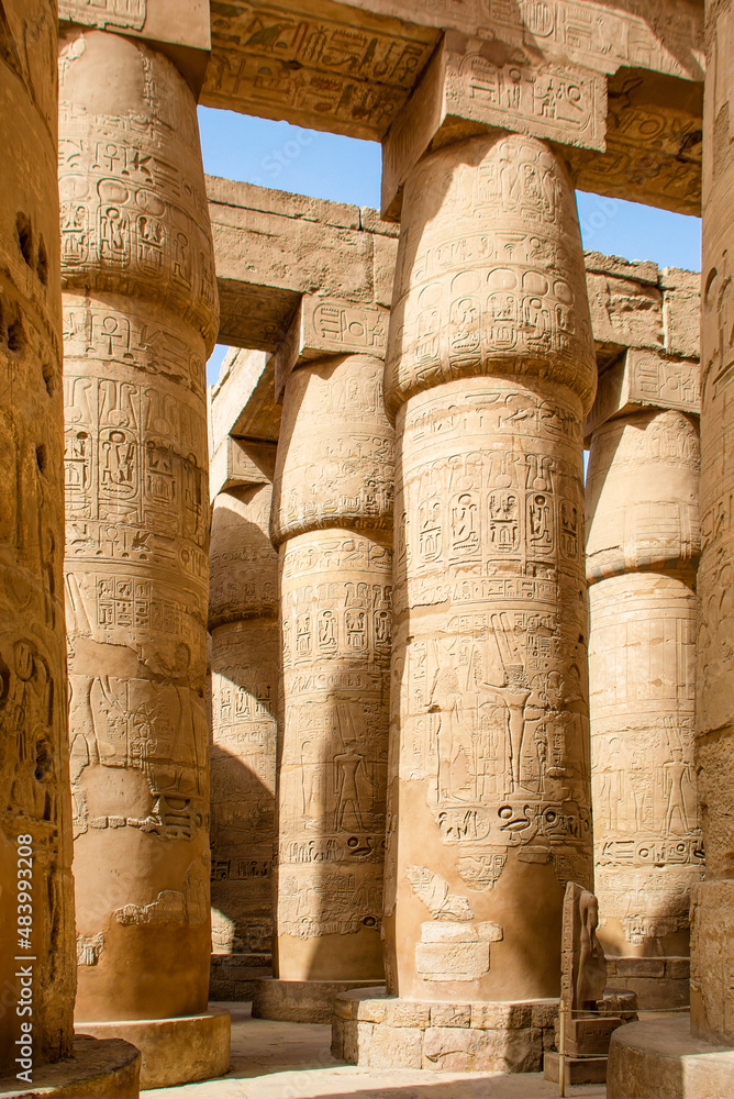 Luxor, Egypt - Karnak Hypostyle hall columns in the Great Temple of Amun in Karnak, Egypt.