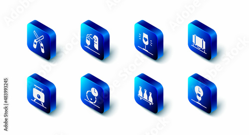 Set Sommelier, Wine glass, Wooden barrel for wine, time, Bottle of, Fermentation grapes and Gardening scissors icon. Vector