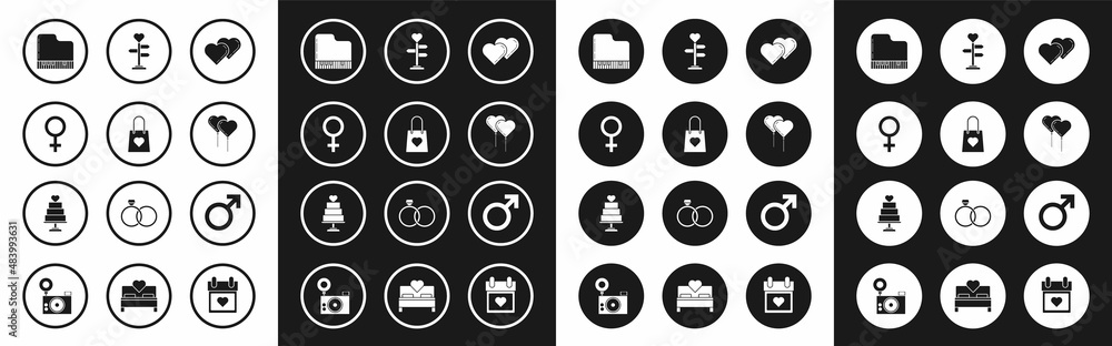 Set Two Linked Hearts, Shopping bag with heart, Female gender symbol, Grand piano, Balloons form of ribbon, Signpost, Male and Wedding cake icon. Vector Set Two Linked Hearts, Shopping bag with heart, Female gender symbol, Grand piano, Balloons form of ribbon, Signpost, Male and Wedding cake icon. Vector