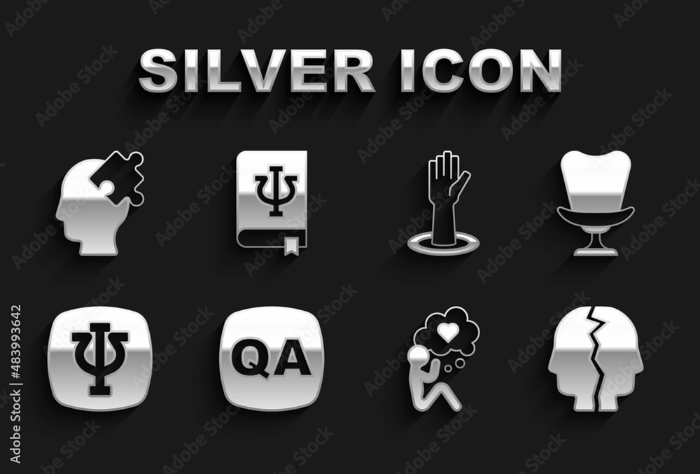 Set Question and Answer, Armchair, Bipolar disorder, Head with heart, Psychology, Psi, Helping hand, Solution to the problem and book, icon. Vector Set Question and Answer, Armchair, Bipolar disorder, Head with heart, Psychology, Psi, Helping hand, Solution to the problem and book, icon. Vector