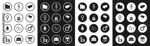 Set Two Linked Hearts, Shopping bag with heart, Female gender symbol, Grand piano, Balloons form of ribbon, Signpost, Male and Wedding cake icon. Vector
