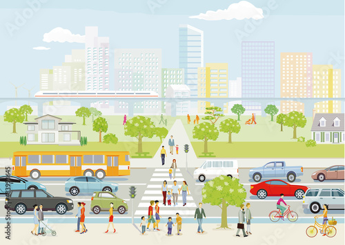 Stadtsilhouette mit Personen auf dem Zebrastreifen und Straßenverkehr, Illustration