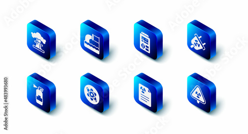 Set Wastewater, Dosimeter, Radiation electrical plug, Triangle with radiation, warning document, Atom, Fire extinguisher and Nuclear explosion icon. Vector