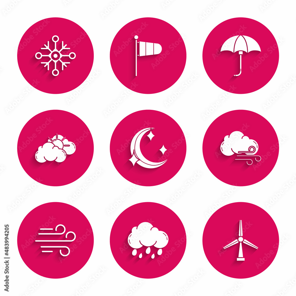 Set Moon and stars, Cloud with rain, Wind turbine, Windy weather, Sun cloud, Classic elegant opened umbrella and Snowflake icon. Vector Set Moon and stars, Cloud with rain, Wind turbine, Windy weather, Sun cloud, Classic elegant opened umbrella and Snowflake icon. Vector