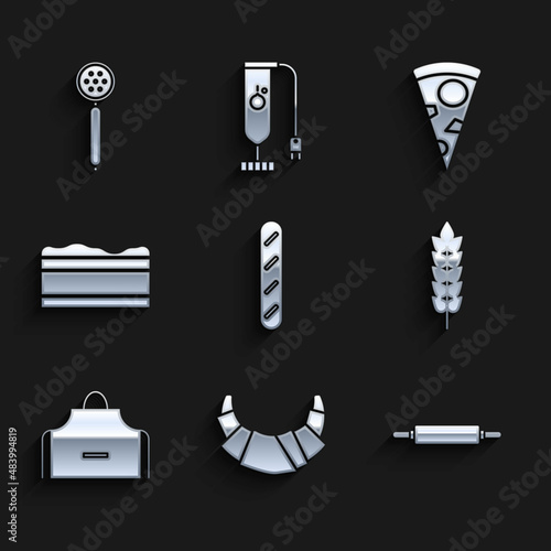 Set French baguette bread, Croissant, Rolling pin, Cereals with rice, wheat, corn, oats, rye, Kitchen apron, Brownie chocolate cake, Slice of pizza and Strainer spoon icon. Vector