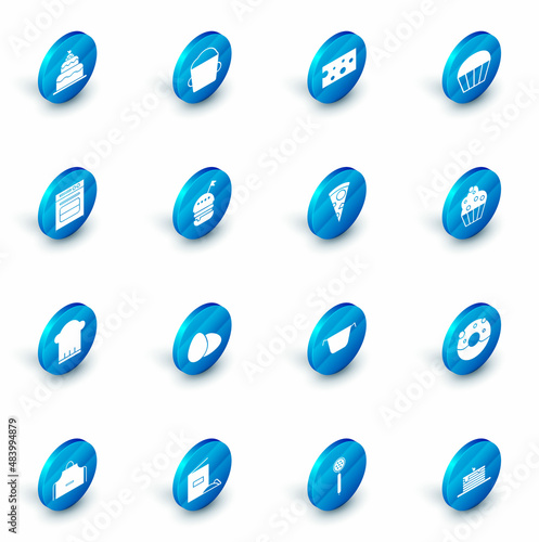 Set Bakery bowl dough, Cheese, Muffin, Oven, Chef hat, Burger, Cupcake and Slice of pizza icon. Vector