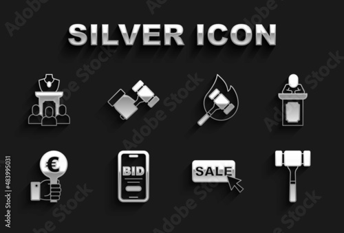 Set Online auction, Auction auctioneer sells, hammer, Price tag with Sale, Hand holding paddle, jewelry sale and icon. Vector