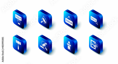 Set Auction hammer, sold, Price tag with Sale, painting, auctioneer sells, and icon. Vector