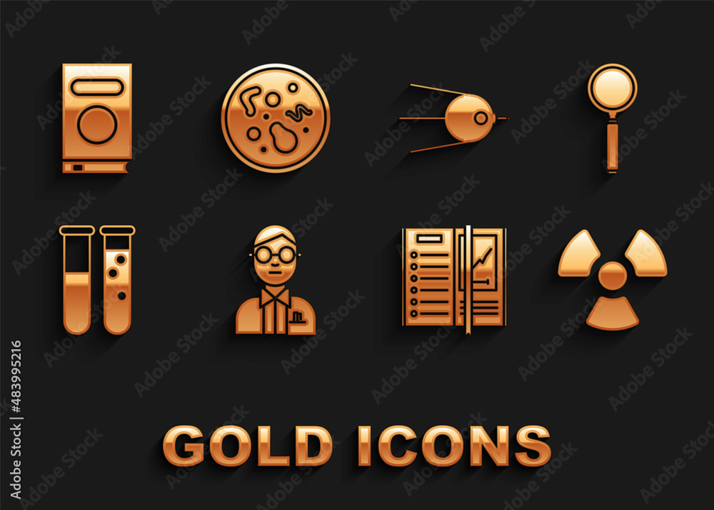 Set Scientist, Magnifying glass, Radioactive, Notebook, Test tube and flask chemical laboratory, Satellite, Book and Bacteria icon. Vector Set Scientist, Magnifying glass, Radioactive, Notebook, Test tube and flask chemical laboratory, Satellite, Book and Bacteria icon. Vector