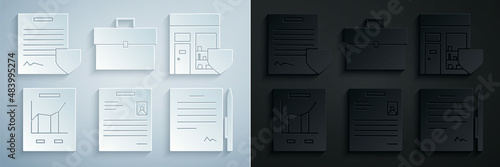Set Personal document, Shopping building with shield, Document graph chart, Contract pen, Briefcase and icon. Vector