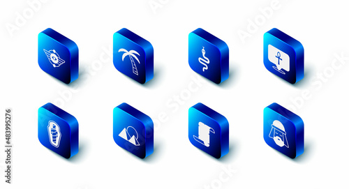 Set Tropical palm tree, Snake, Cross ankh, Egyptian man, Papyrus scroll, pyramids, mummy in sarcophagus and symbol Winged sun icon. Vector