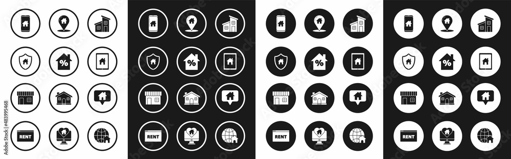 Set House, with percant discount tag, shield, Mobile phone smart home, Tablet and, Map pointer house, and Shopping building or market store icon. Vector