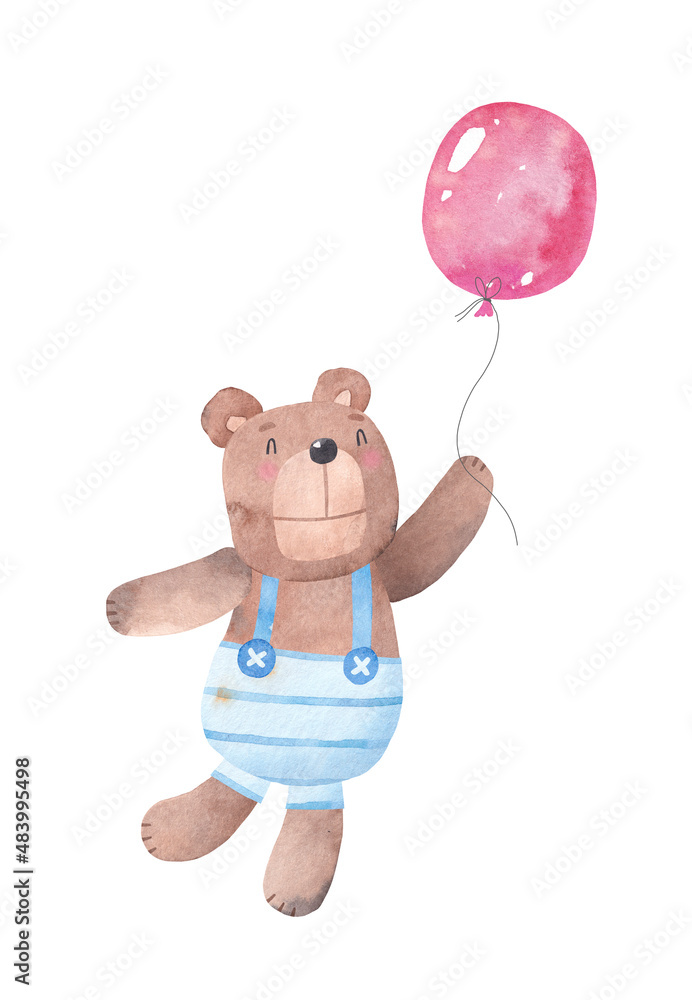 Naklejka premium Teddy bear with balloon. Watercolor hand drawn illustration. For baby shower or cards. With white isolated background.