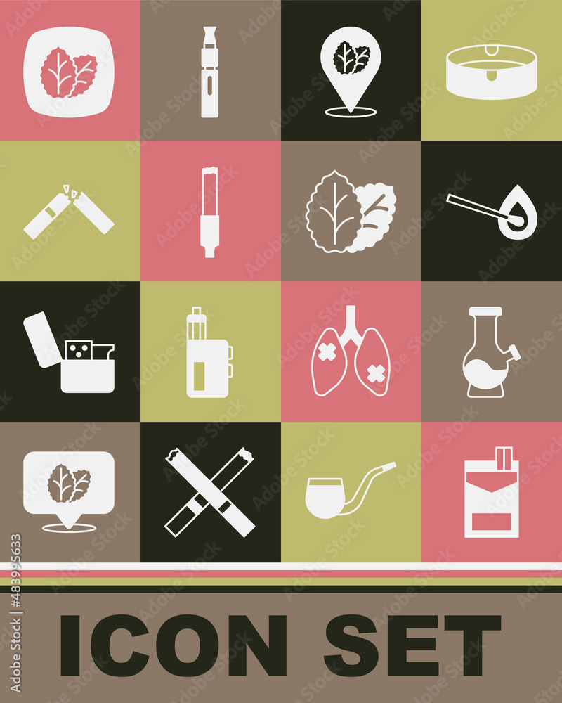 Set Cigarettes pack box, Bong, Burning match with fire, Tobacco leaf, Broken cigarette, and icon. Vector Set Cigarettes pack box, Bong, Burning match with fire, Tobacco leaf, Broken cigarette, and icon. Vector