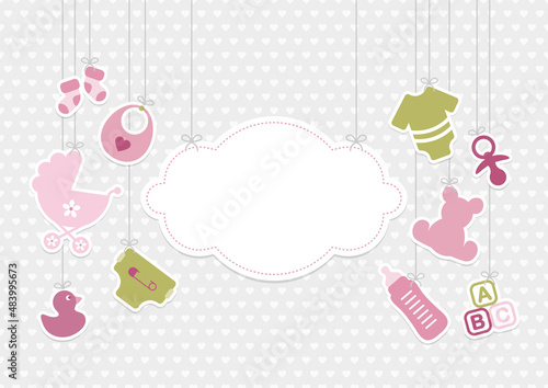 Hängende Babysymbole Mädchen Neben Wolke Rosa Olivgrün Herzen Grau