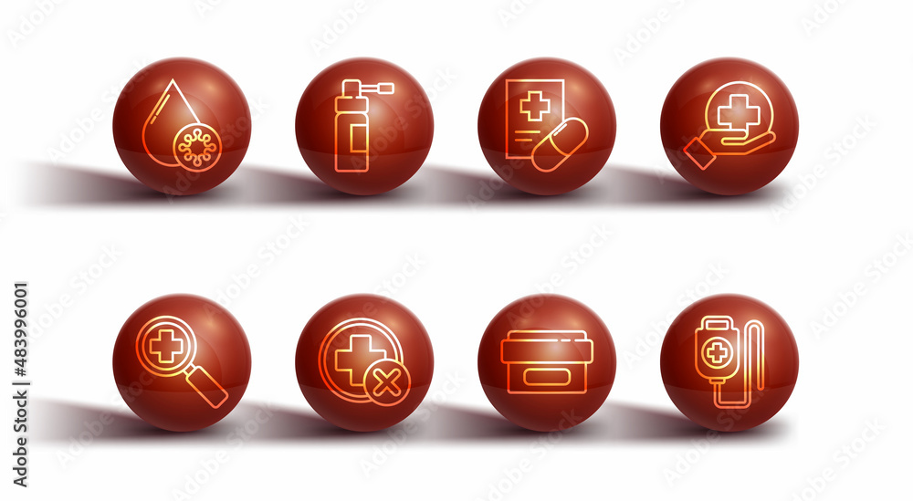 Set line Blood test and virus, Magnifying glass for search medical, Cross hospital, Ointment cream tube medicine, Bottle with nozzle spray, IV bag and Medical prescription icon. Vector Set line Blood test and virus, Magnifying glass for search medical, Cross hospital, Ointment cream tube medicine, Bottle with nozzle spray, IV bag and Medical prescription icon. Vector