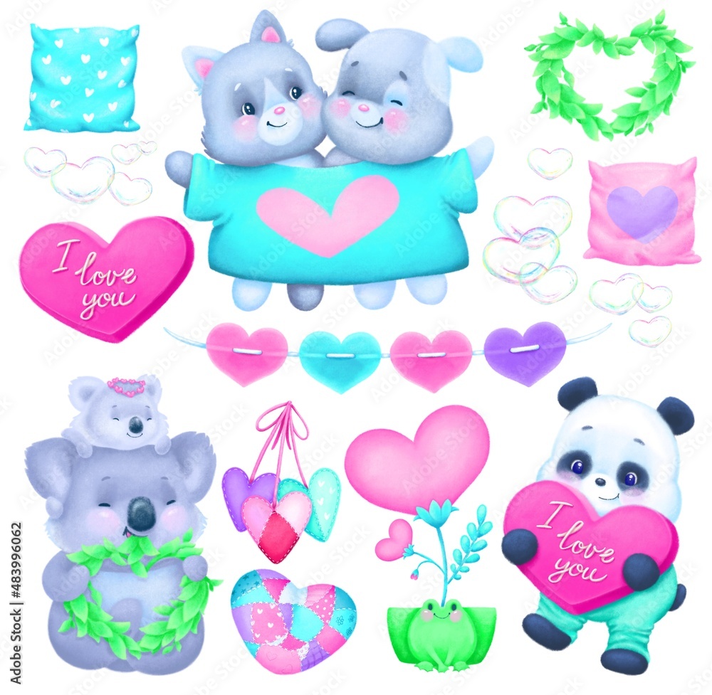 A collection of valentine's day elements, animals in love and ceremonial decorations A collection of valentine's day elements, animals in love and ceremonial decorations