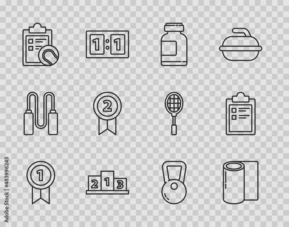 Set line Medal, Fitness mat roll, Sports nutrition, Award over sports winner podium, Checklist clipboard and tennis ball, Kettlebell and training program icon. Vector Set line Medal, Fitness mat roll, Sports nutrition, Award over sports winner podium, Checklist clipboard and tennis ball, Kettlebell and training program icon. Vector